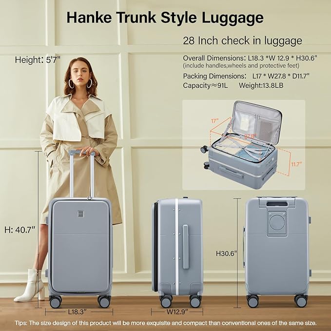 Hanke 28 Inch Luggage with Cup Holder and Charge,Top Opening Hard Shell Suitcases with Wheels and Dividers,Aluminum Frame Trunk Luggage Extra Large Suitcase with Lock for Travel,Gray