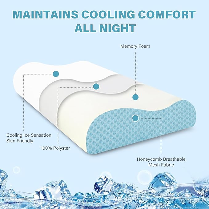 Memory Foam Cooling Bed Pillows for Sleeping, Ergonomic Cervical Pillow for Neck and Shoulder Pain Relief, Adjustable Cold Pillow with Pillowcase,Blue