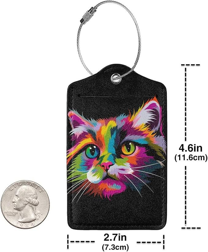 Cat Leather Luggage Tag with Stainless Steel Ring, Fun Name Id Card Cover Travel Bag Tag Set, Suitable for Travel Bag Luggage Women Men 1 PCS