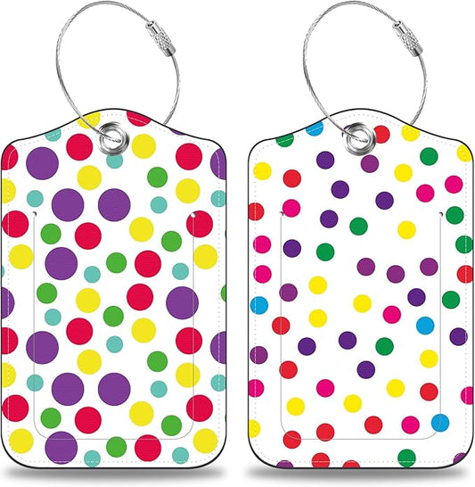 2 Pack Luggage Tags for Suitcases Colorful Polka Dots Leather Luggage Tags Privacy Cover ID Label with Stainless Steel Loop and Address Card for Women Men Travel Bag Backpack
