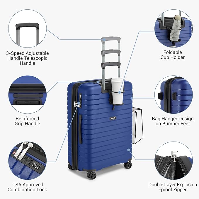 Kono 24 Inch Expandable Luggage Suitcase with Spinner Wheels, Durable Hardside Checked Luggage with Hidden Cup Holder, Lightweight Hard Shell Medium Suitcase with TSA Lock(Navy)