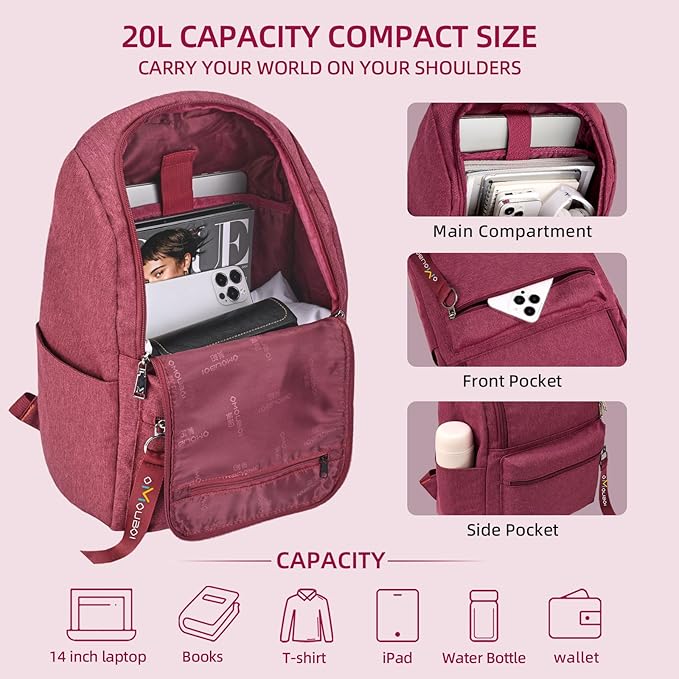 OMOUBOI 14 inch Travel Laptop Backpack for Women Men Teen 20L Weekender Casual Daypacks Airline Approved Lightweight College School Bookbag Wine Red