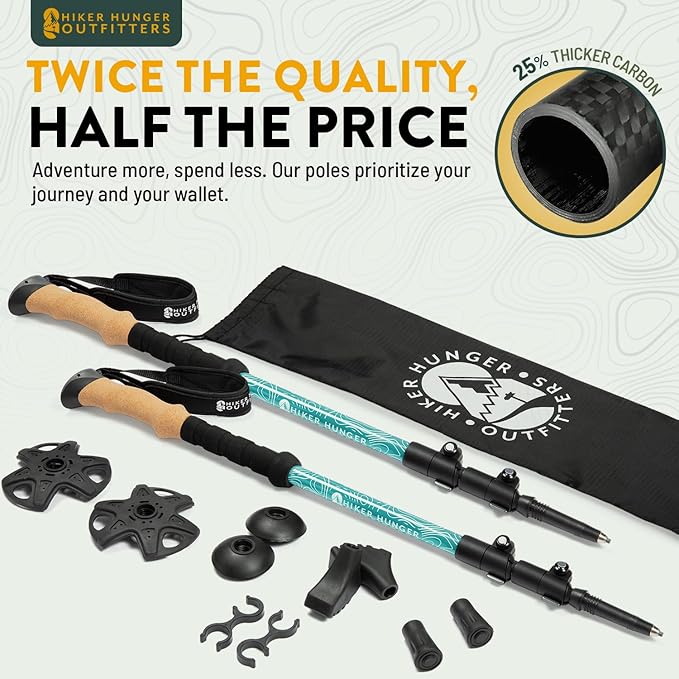 100% Carbon Fiber Trekking Poles by USA Brand - Ultra Strong Lightweight Collapsible Hiking Poles with Cork and EVA Foam Grips & Quick Adjustable Flip Locks