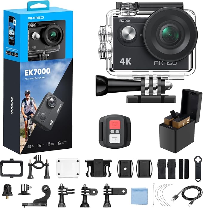 AKASO EK7000 4K30fps Action Camera - 131ft Waterproof Camera with EIS 4X Zoom Remote Control Ultra HD 20MP Underwater Camera with Accessories Kit