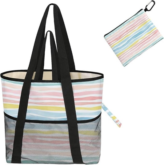 8-Pocket Waterproof Tote for Women -Sandproof Beach Bag with Zipper& Family | Foldable Travel Swim Bag (Gift-Ready)