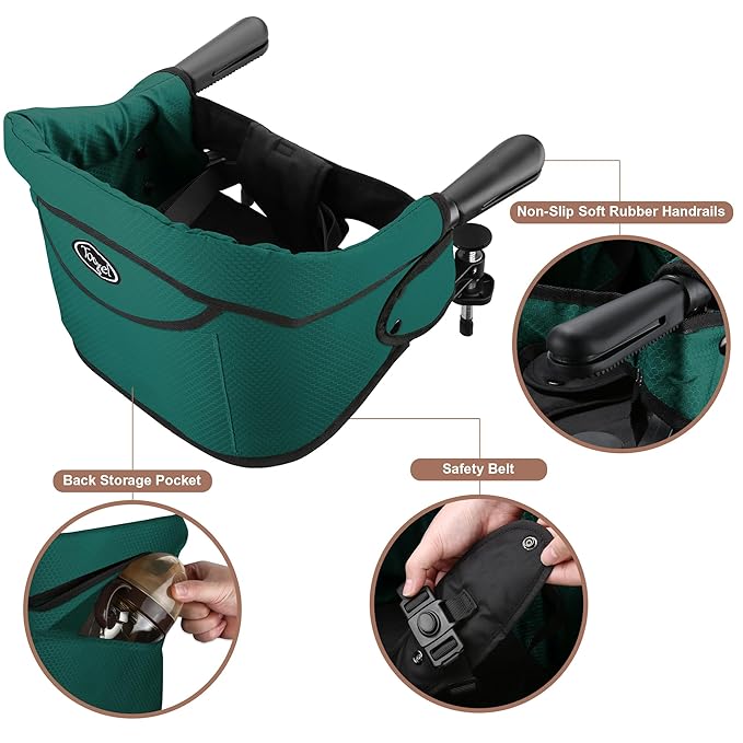 Hook On Chair, Safe and High Load Design, Fold-Flat Storage and Tight Fixing Clip on Table High Chair, Removable Seat Cushion, Attach to Fast Table Chair (Dark Green)