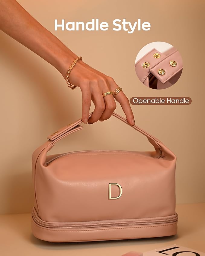 Makeup Bags Personalized Bags with Handle, Waterproof Double Layer Cosmetic Bag, Large Capacity PU Leather Makeup Bags Letter Travel Toiletry Bag with Makeup Brush Organizer