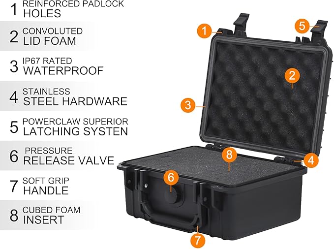 MEIJIA Portable Waterproof Protective Hard Case,Compact Camera Case with Customizable Fit Foam,Elegant Black,Fit for Drones,Camera,Lens, 9.17inchx7.56inchx4.33inch, Black, Dry Case