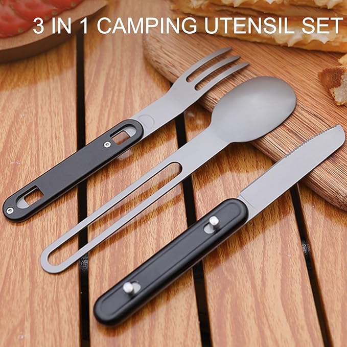 3-in-1 Camping Utensils, Portable Stainless Steel Spoon, Fork and Knife Combo Set for Outdoor Camping Hiking Picnic Travel