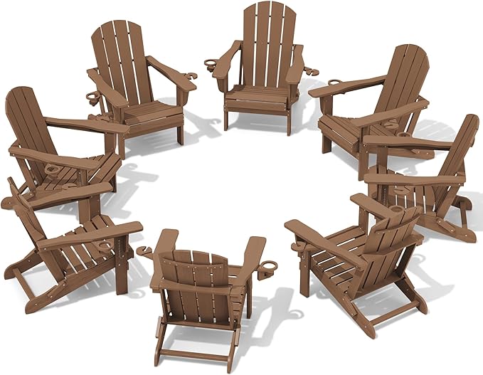 SERWALL Adirondack Chair with Cup Holders - Composite Adirondack Chairs Set of 8 HDPE Outdoor Chairs All Weather Use- Brown