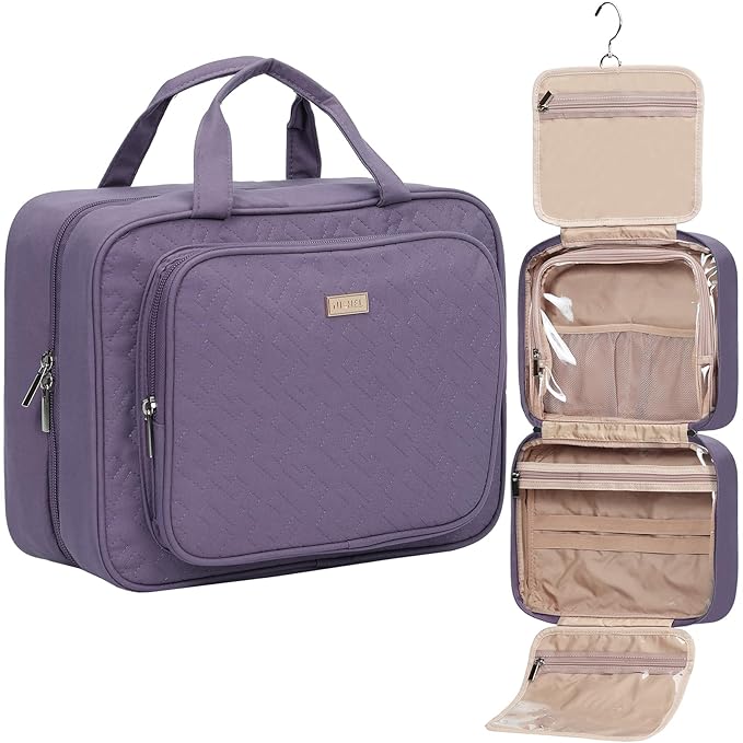 NISHEL Travel Toiletry Bag for Women Large Capacity, Makeup Essentials Organizer, Hanging Case for Accessories, Cosmetics, Purple