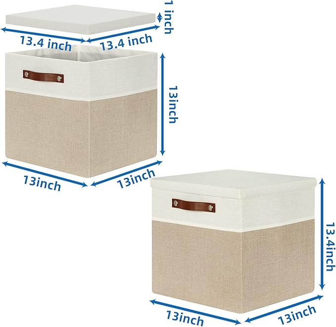 Temary Fabric Storage Bins with Lids 13 Inch Storage Cubes with Lid, Decorative Foldable Storage Boxes for Clothes, Closet Organizers (White&Khaki, 13x13x13inch)