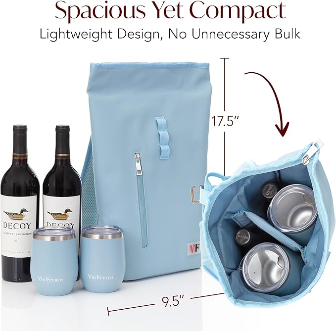 Two Bottle Rolltop Wine Tote Bag – Stylish PU Leather Wine Backpack with Matching Tumblers – Compact & Lightweight Wine Carrier with Padded Straps & Compartments for Travel & Picnics – Light Blue