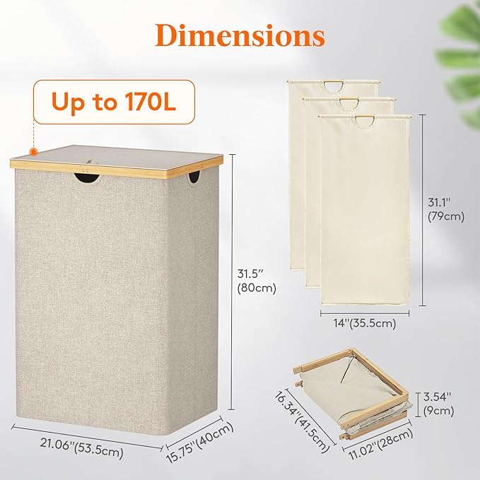 Lifewit 170L Triple Laundry Hamper with Lid, Extra Large Bamboo Laundry Basket Dirty Clothes Hamper,3 Section Laundry Bin Organizer for Laundry Room Bedroom with 3 Removable Liners & Bags, Beige