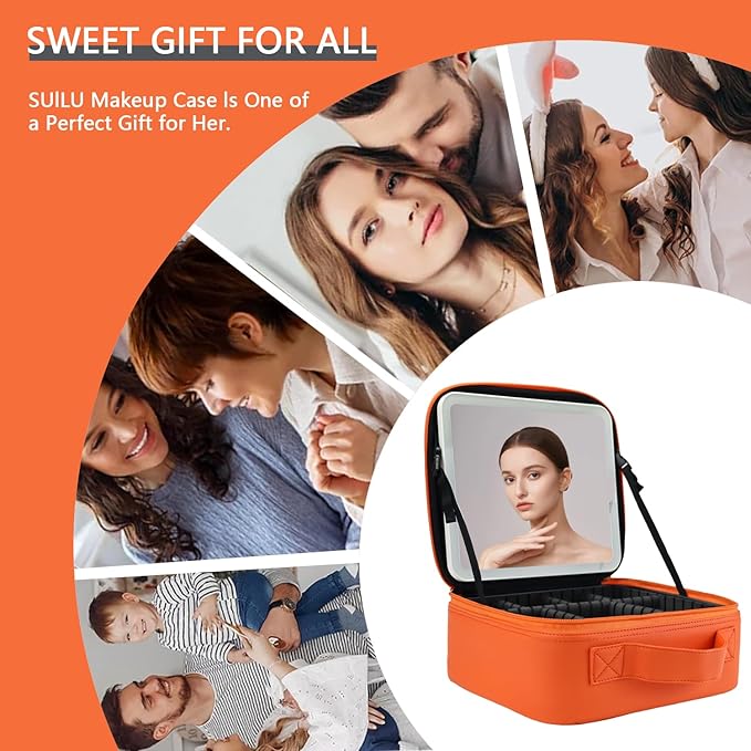 Makeup Bag with Led Mirror,Travel Makeup Organizer with 3 Color Setting, Portable Storage and Adjustable Dividers Travel Makeup Bag(Orange)