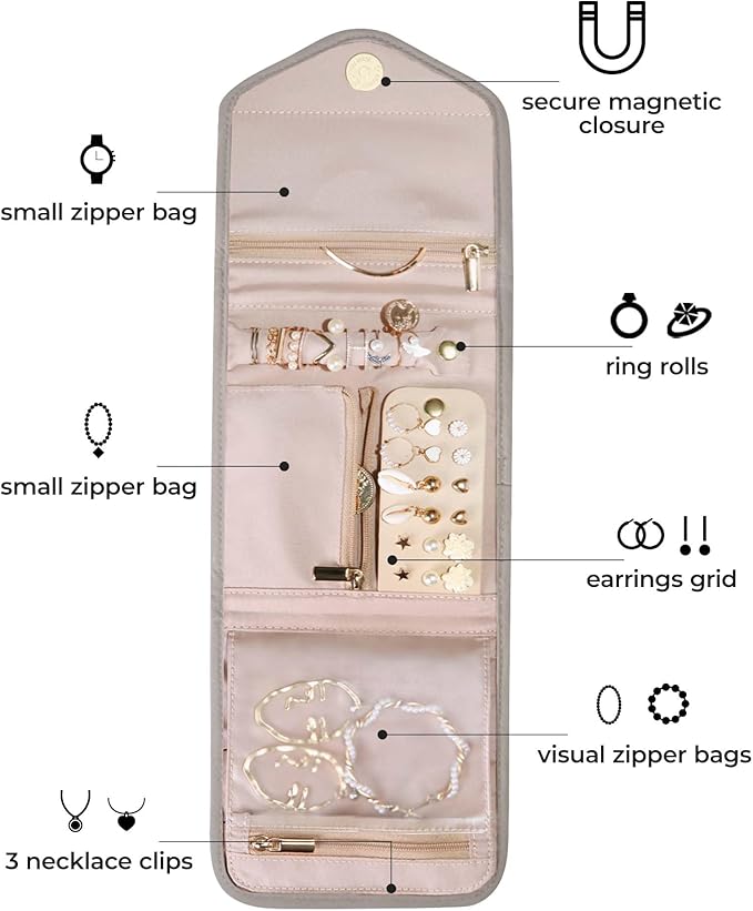 BAGSMART Travel Jewelry Organizer Case Foldable Jewelry Roll for Journey Rings, Necklaces, Earrings, Bracelets,Mini,Warm Gray