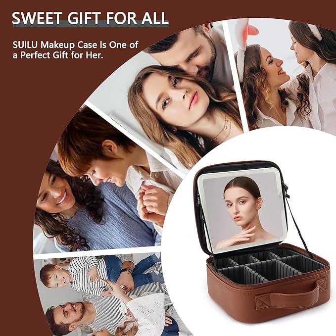 Makeup Bag with Led Mirror,Travel Makeup Organizer with 3 Color Setting, Portable Storage and Adjustable Dividers Travel Makeup Bag(Dark brown)