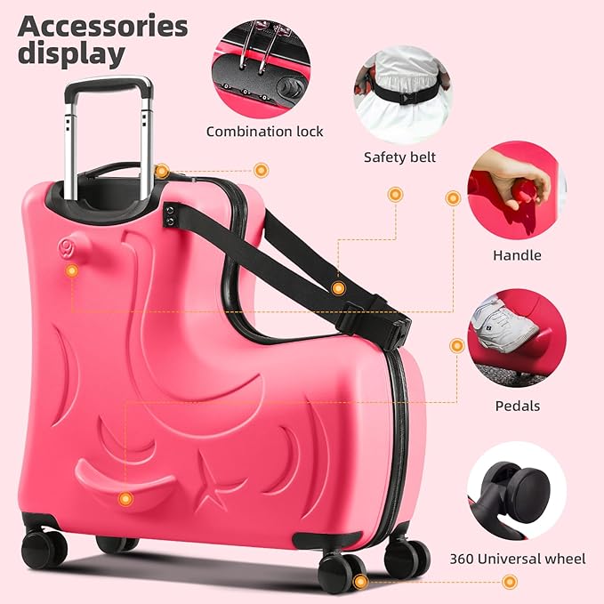 N-A Kids Ride On Suitcase with Wheels, Scooter Luggage for Toddlers Travel, Durable Children's Suitcase for Boys & Girls Ages 2-14 Years