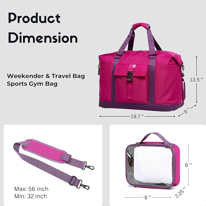 SUNNY BIRD Duffel with Utility Pouch, 40L Weekender Overnight Bag with Shoe Compartment for Travel and Sports (Purple)