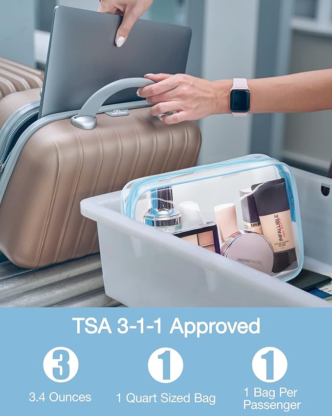 BAGSMART Clear Toiletry Bag, 2 Packs TSA Approved Water Resistant Quart Size Travel Organizer, Airport Airline Travel Essential Carry On Makeup Cosmetic Bags for Women, Blue