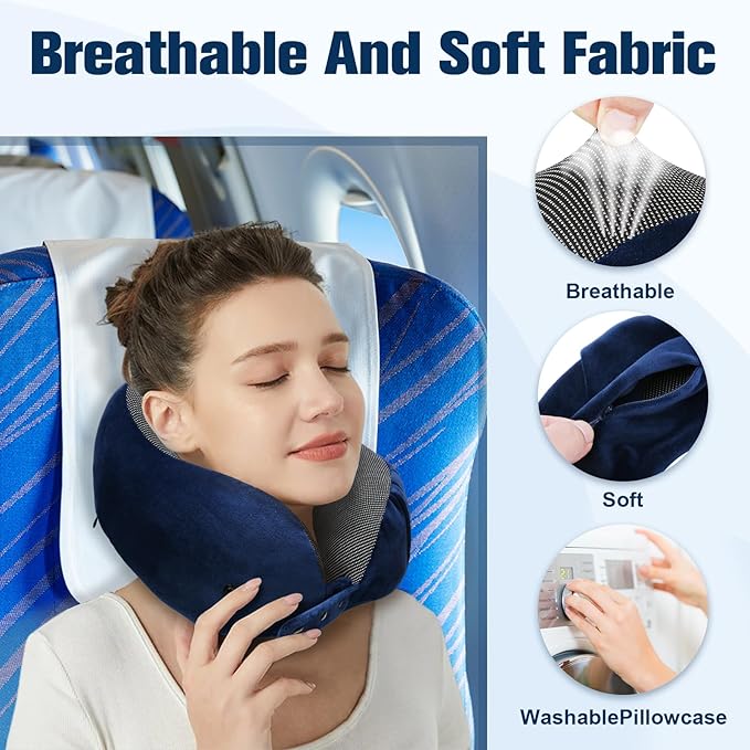 Neck Pillow for Traveling, Travel Pillows for Airplanes,100% Pure Memory Foam Travel Neck Pillow, Adjustable Flight Pillow, Portable Plane Accessories with Eye Mask, Earplugs, Carry Bag