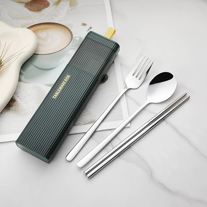 DEVICO Travel Utensils with Case, 18/8 Stainless Steel Reusable Silverware Set for Lunch Box, Portable Cutlery Set, Fork and Spoon Set for Camping, Lunch, Picnic, Workplace, School (Dark Green)
