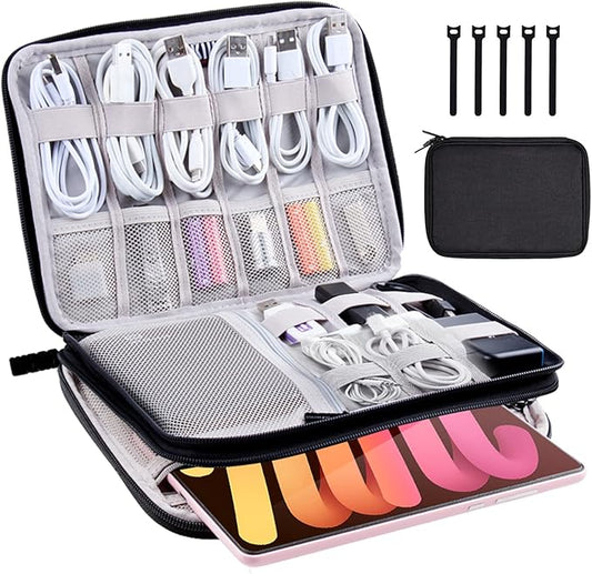 Electronics Organizer Travel Case Cord Cable Charger Organizer Bag Travel Accessories Essentials for Women Men Double Layers Tech Pouch with 5 Cable Ties for Phone Power Bank SD Card USB, Black