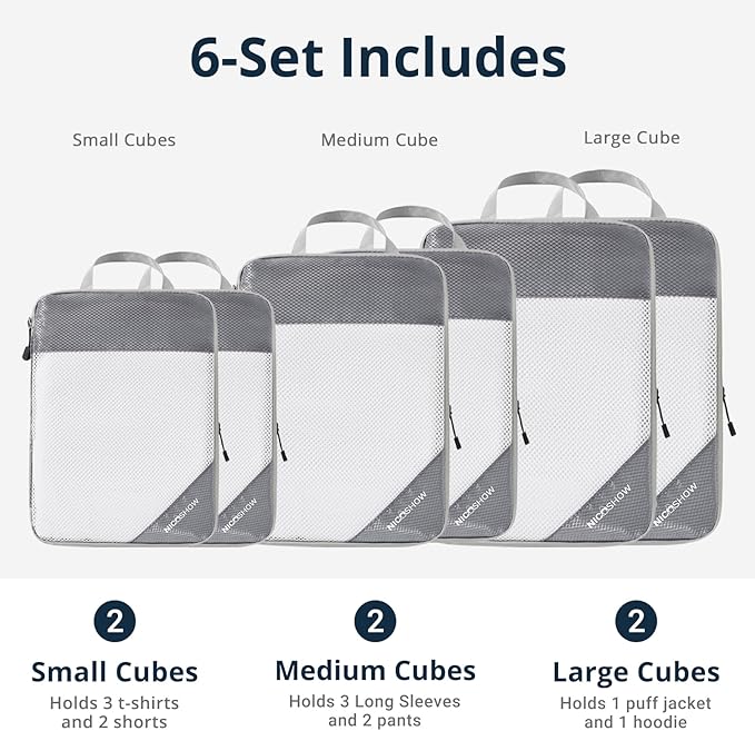 6 Set Compression Packing Cubes for Travel - Compressible, Lightweight, and Space-Saving Packing Cubes, Travel Essentials for Women, Grey
