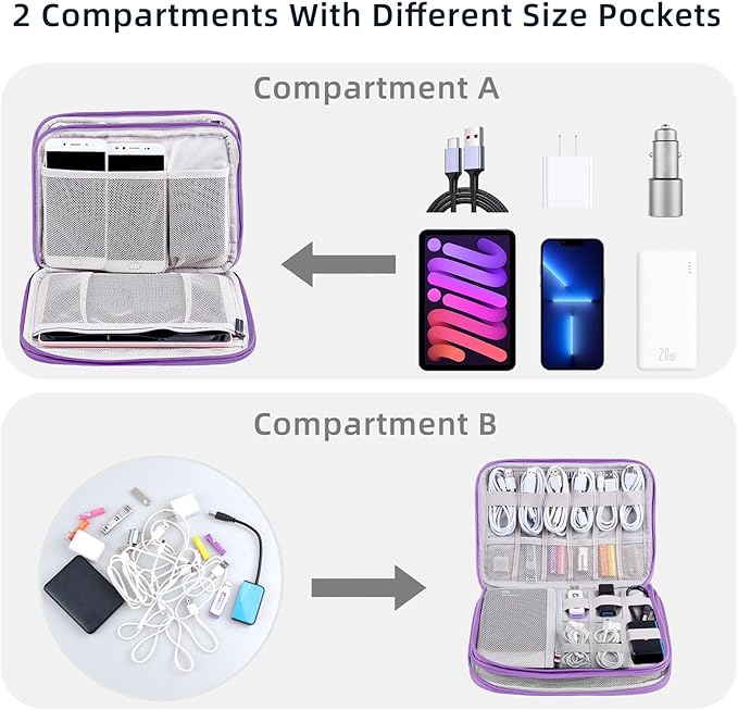 Electronics Organizer - Travel Cable Organizer Bag, Water Resistant Double Layers Pouch for Cord, iPhone, iPad Mini - Gift for Men Electronic Accessories Storage Case with 5 Cable Ties, Purple
