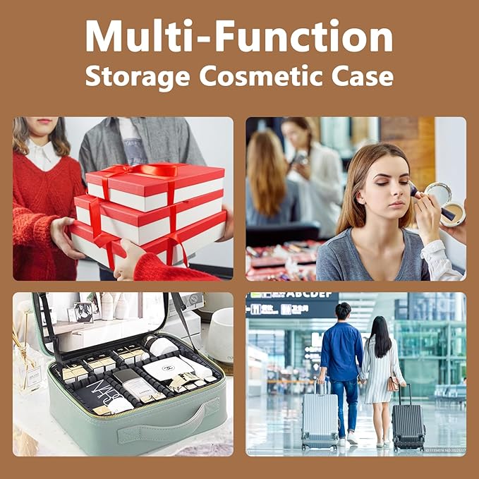 Travel Makeup Bag for Makeup Artists Large Makeup Case,with Mirror 3 Color Setting and Detachable 10x Magnifying Mirror Travel Makeup Bag,Portable Storage and Adjustable Dividers（brown）