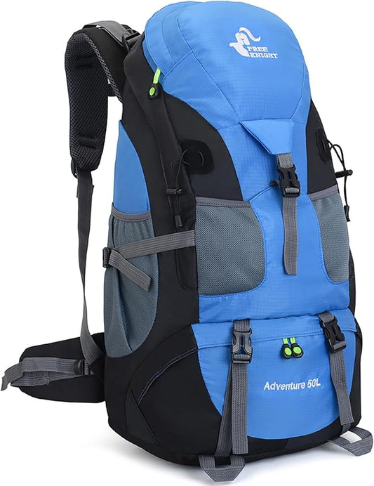 Bseash 50L Hiking Backpack, Water Resistant Lightweight Outdoor Sport Daypack Travel Bag for Camping Climbing Skiing Cycling (Light Blue - No Shoe Compartment)