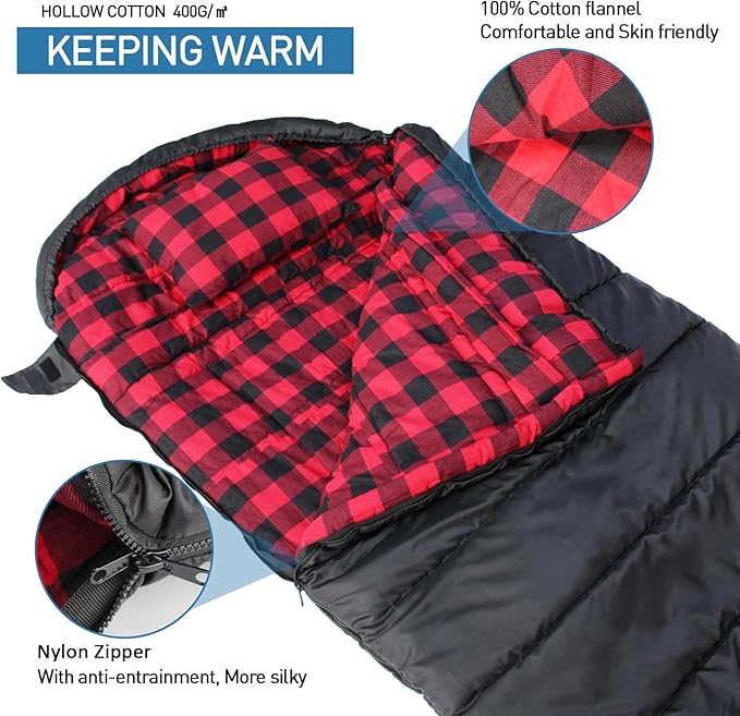 0 Degree Sleeping Bag Cotton Flannel Winter Cold Weather for Adults XXL Sleeping Bag 4 Season Big and Tall with Pillow Compression Sack