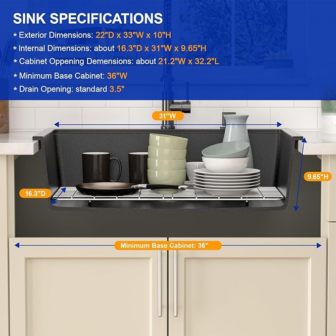 Dcolora 33x22 Drop In Kitchen Sink Black, Granite Composite Black Kitchen Sink Multifunctional Topmount Large Single Bowl Workstation Sinks #DC-0001GBT, 33" x 22" x 10"