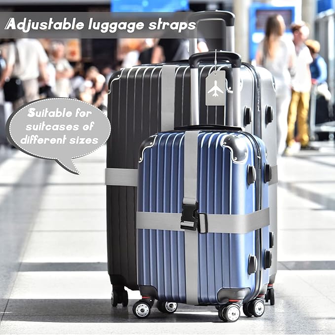 Weewooday 8 Pcs Luggage Straps Suitcase Tags Set for TSA Approved, 4 Travel Adjustable Suitcase Belt, 4 Silicone Luggage Tags with Name ID Card Travel Accessories(Light Gray,Airplane)