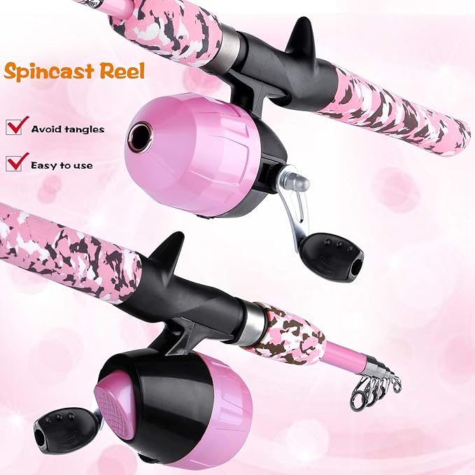 ODDSPRO Kids Fishing Pole Pink, Portable Telescopic Fishing Rod and Reel Combo Kit - with Spincast Fishing Reel Tackle Box for Girls, Youth