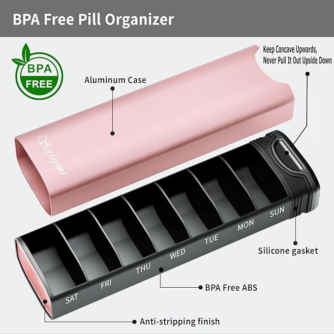 Metal Weekly Pill Organizer, Serfeymi Aluminum Daily Pill Box,7 Day Pill Case Travel Medicine Organizer,Pill Containers(Spare Gasket) for Vitamins, Fish Oils,Pills, Supplement(NO LID)- Pink