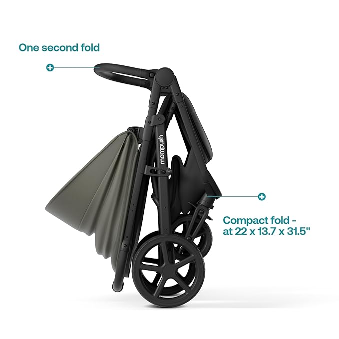 Mompush Nova Baby Stroller for Toddler, Infant & Newborn | Spacious Seat & Lie-Flat Mode | Compact One-Hand Fold, UPF 50+ Canopy & All-Wheel Suspension | Includes Rain Cover & Cup Holder, Green