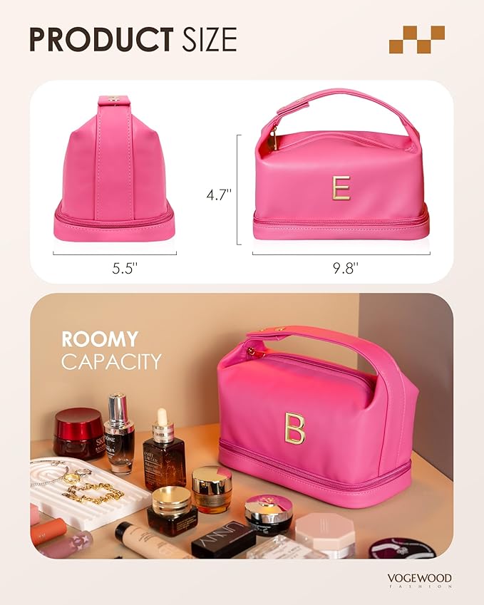 Gifts for College Girls, Personalized Makeup Bag with Handle, Initial Double Layer Cosmetic Bag with Makeup Brush Organizer, Cute Cosmetic Pouch for Women, Gifts for Friends Mom