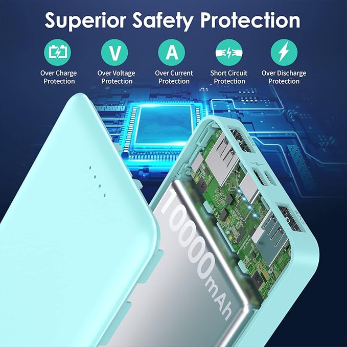 [2 Pack] Portable Charger Power Bank 10000mAh,Ultra Slim Compact External Battery Pack with USB C Input & Dual USB Outputs Backup Charger Compatible with iPhone 13,12, Samsung S20,Tablet-Green+Purple