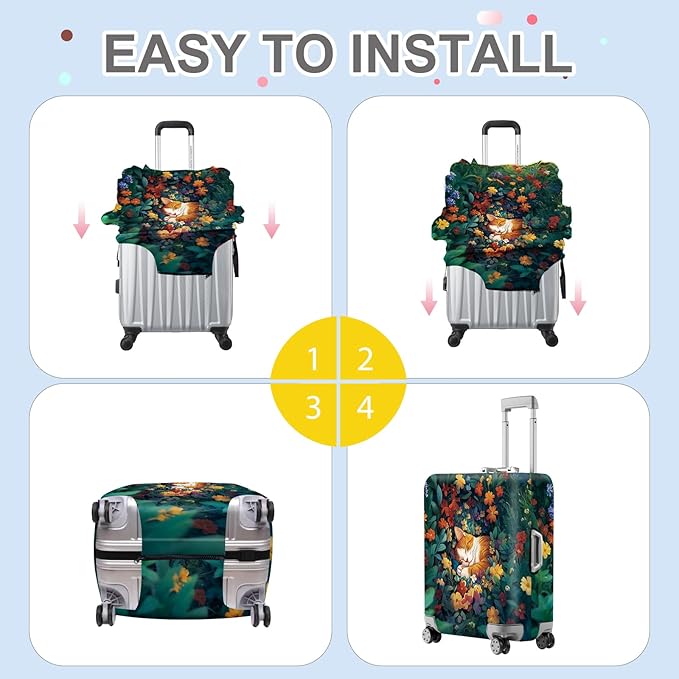 ANNA QUEEN Dreamy Cat Luggage Cover, Cat Sleeping in a Flower Field Design, Stretchable, Washable Travel Protector for 24-26 Inch Luggage