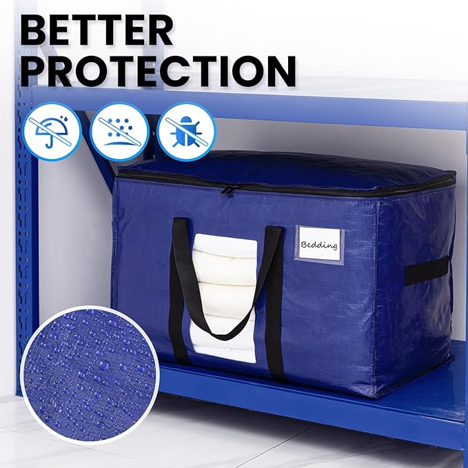 TAILI 12 Pack Dark Blue Extra Large Moving Bags, Heavy Duty Totes with Visible Window, Wrap Around Handles, Great for Space-Saving