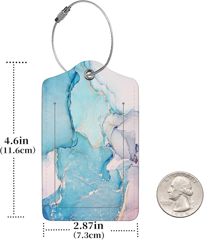 2 Pcs Luggage Tags for Suitcase, Cute Unique PU Leather Travel Bag Tag with Privacy Cover ID Label Address Card and Durable Metal Ring Suitable for Men Women Children Backpack,Blue Marble