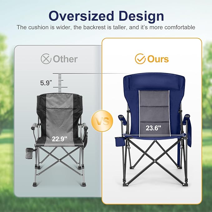 LET'S CAMP Oversized Camping Chairs 29.52" High Back Heavy Duty Lawn Chair Support 500LBS, Portable Collapsible Chair with Cup Holder, Side Pocket(Blue)
