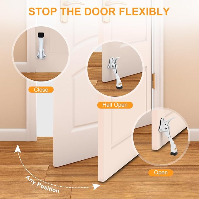 2 Packs Heavy Duty Kickdown Door Stopper, One Touch Adjustable Kickdown Door Stop for Heavy Doors, 4 in Metal Door Kickstand with Rubber Tip & Wall Protectors for Wide Doors- White