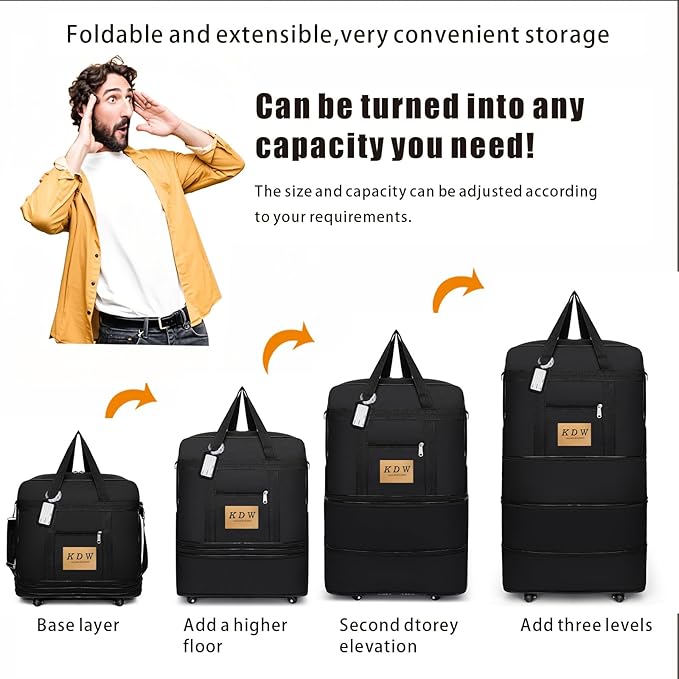 Foldable Travel Bag with Wheels, Extendable Tote Bag, Roller Expandable Luggage Compartment, Large Capacity Lightweight Luggage Bag, Waterproof for Men and Women(Black)