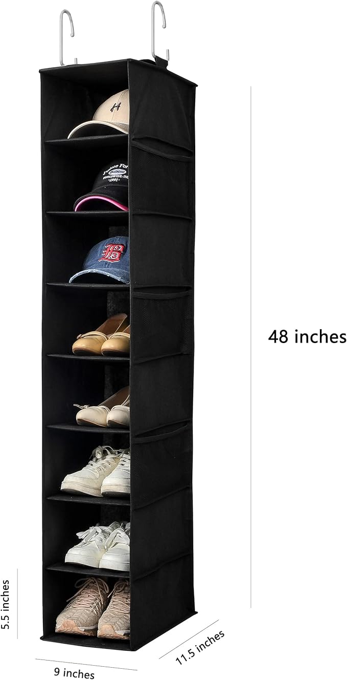 Hanging Shoe Organizer for Closet with Side Mesh Pockets，Hat Racks for Baseball Caps，Shoe and Hat Holder & Storage，8-Shelf，Black，1 Pack