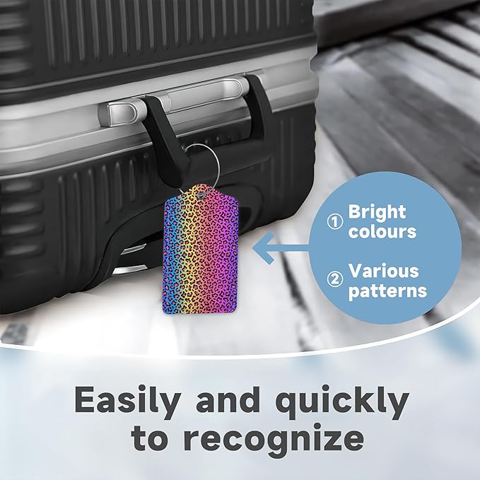 2 Pack Leather Luggage Tag for Suitcase Neon Rainbow Colored Leopard Print Unique Travel Tags with Privacy Cover ID Label & Stainless Steel Loop for Men and Women Baggage
