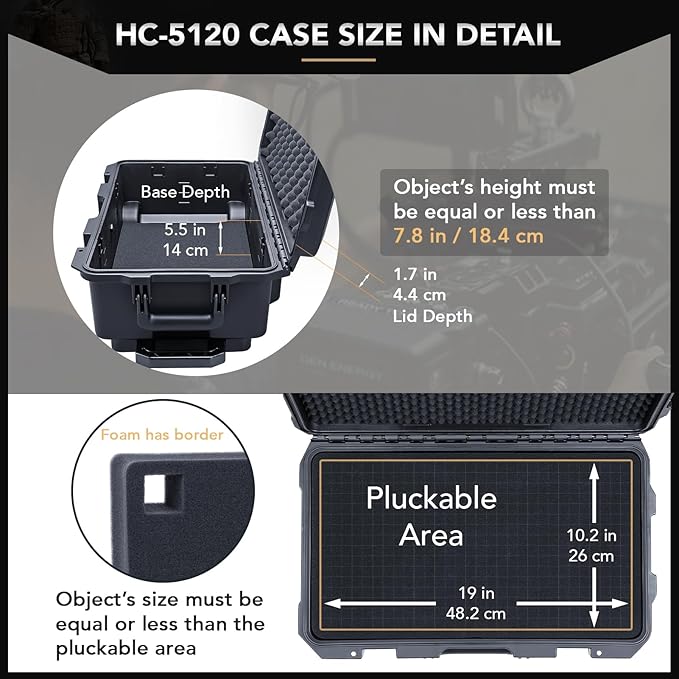 Lykus HC-5120 Waterproof Hard Case with Wheels and Customizable Foam, Interior Size 20.3x11.3x7.3 inch, Suitable for camera, lens, drone, mic, flashlight, projector, electronics, tools, and more