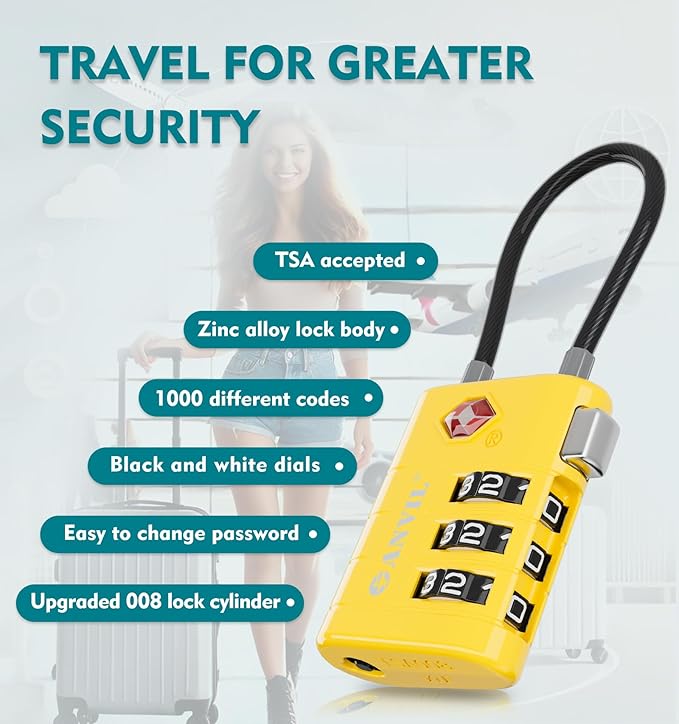 ANVIL TSA Approved Luggage Locks – High Security TSA008 Combination Travel Locks with Inspection Indicator for Suitcases and Backpacks. (3, Yellow)