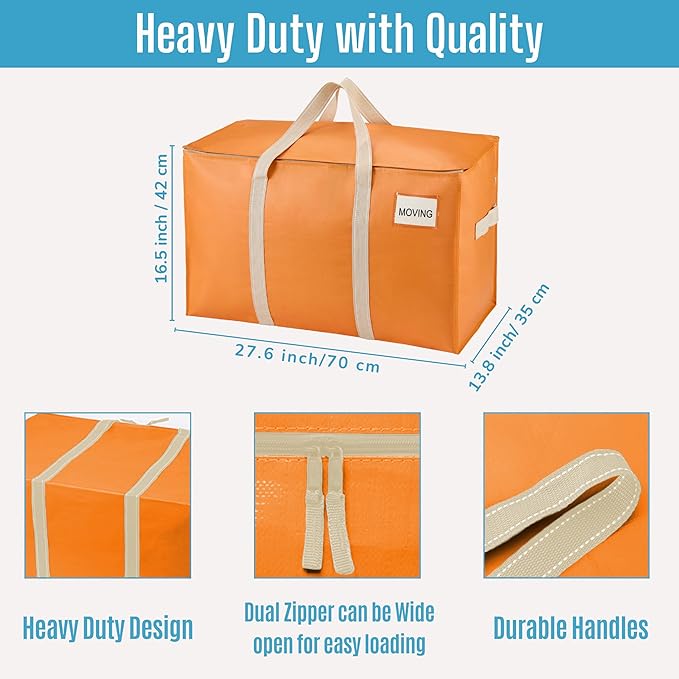 VENO 10 Pack Moving Bags, Heavy Duty, Moving Boxes Alternative, Packing Storage Supplies, Dorm Room Essentials with Zipper for Clothes, Extra Large Packaging Totes (Seasonal Autumn Orange, 10 Pack)